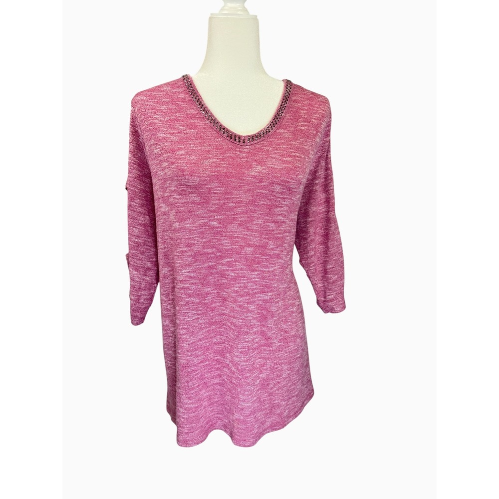Terra & Sky 1X Pink Heather‎ Rhinestone Cutout Sleeve Tunic Top Plus Size